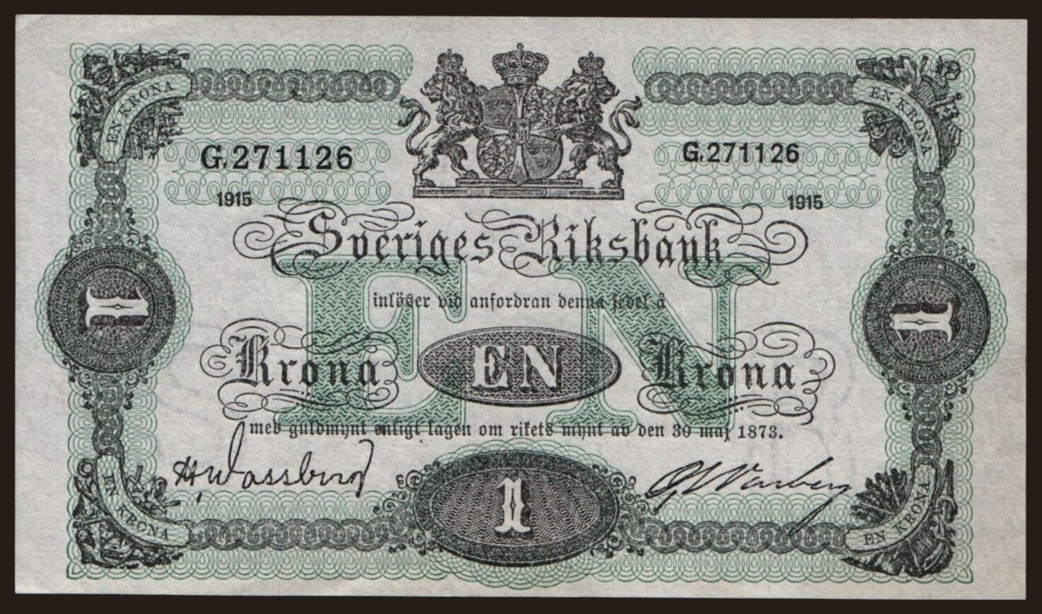 Sweden - 1915 - 1 Krona - "EF+" #CO8134