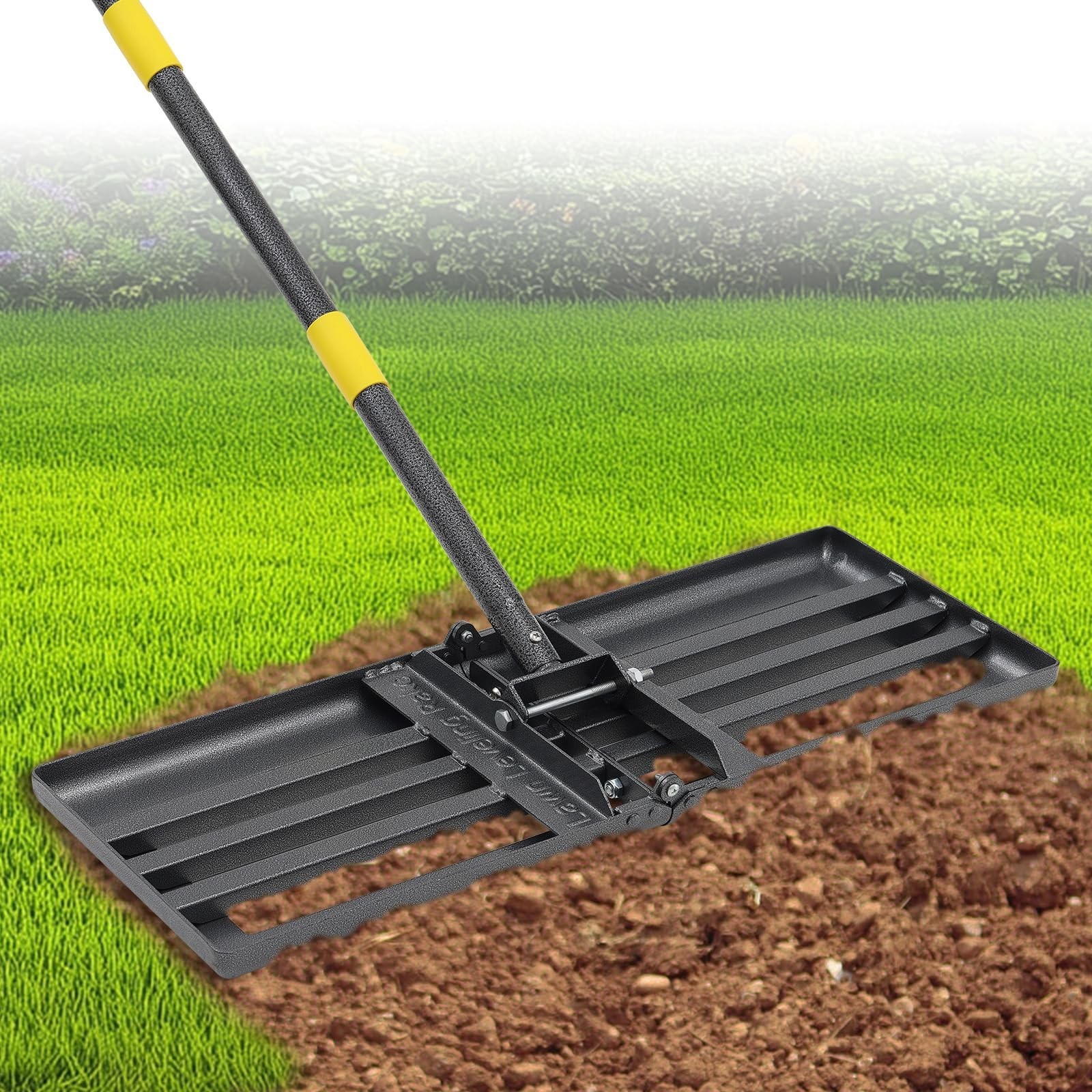 Heavy Duty Lawn Leveling Rake 30"x10" - Adjustable 72" Handle, Foldable Soil Gra