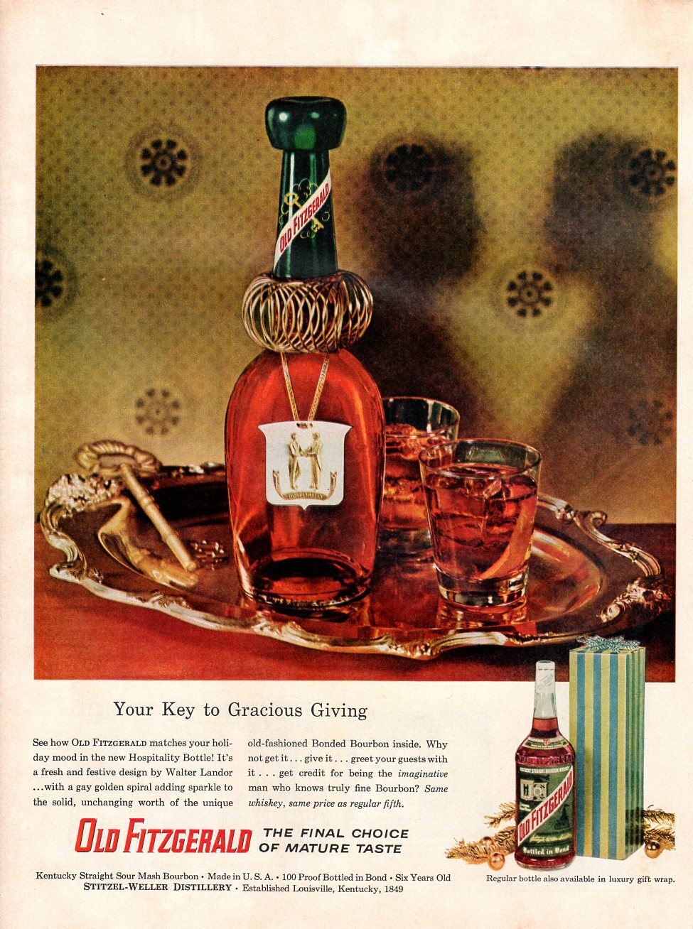 Vintage advertising print Alcohol Old Fitzgerald Bourbon Hospitality bottle 1957