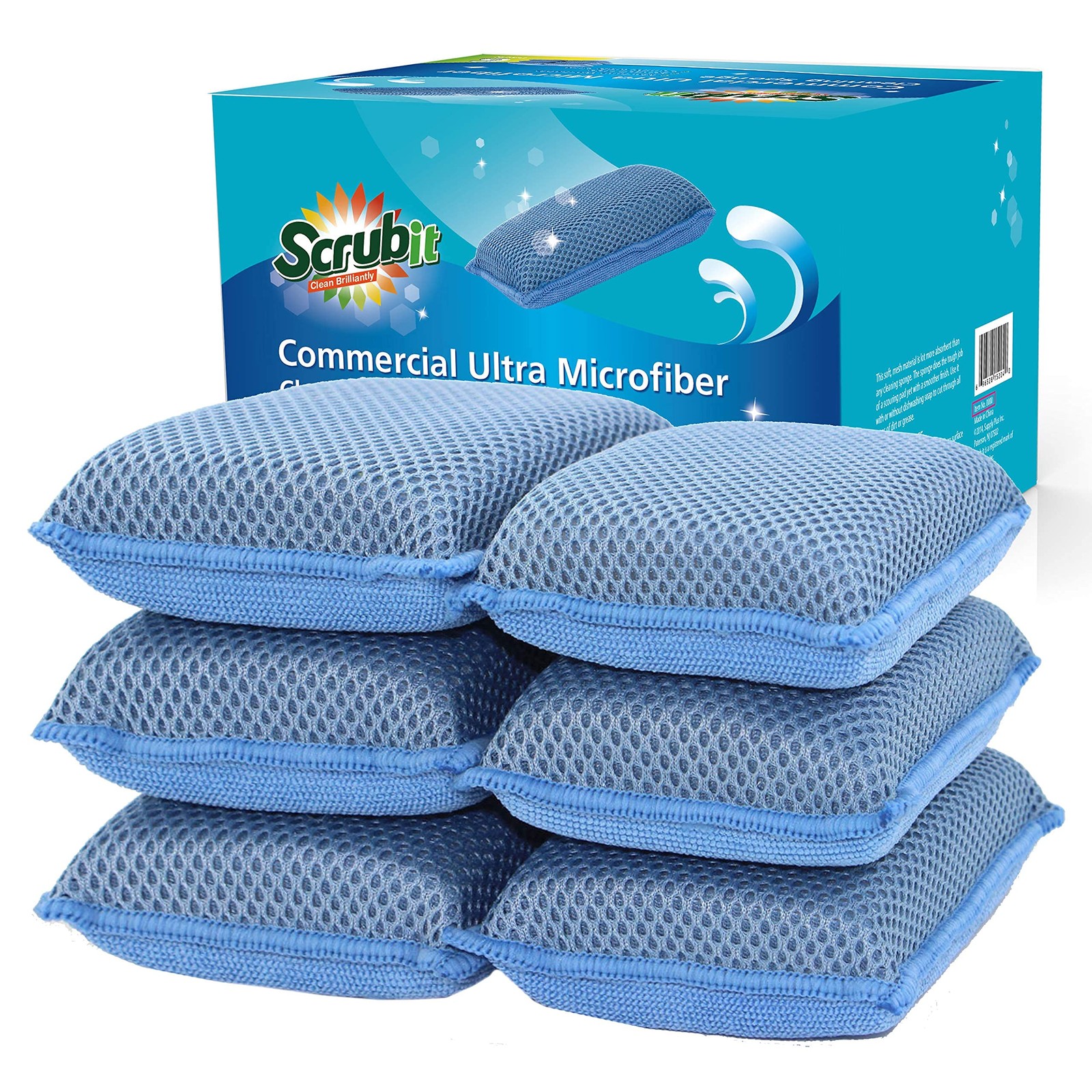 Miracle Microfiber Kitchen Sponge by Scrub-It (6 Pack) - Non-Scratch Heavy Du...