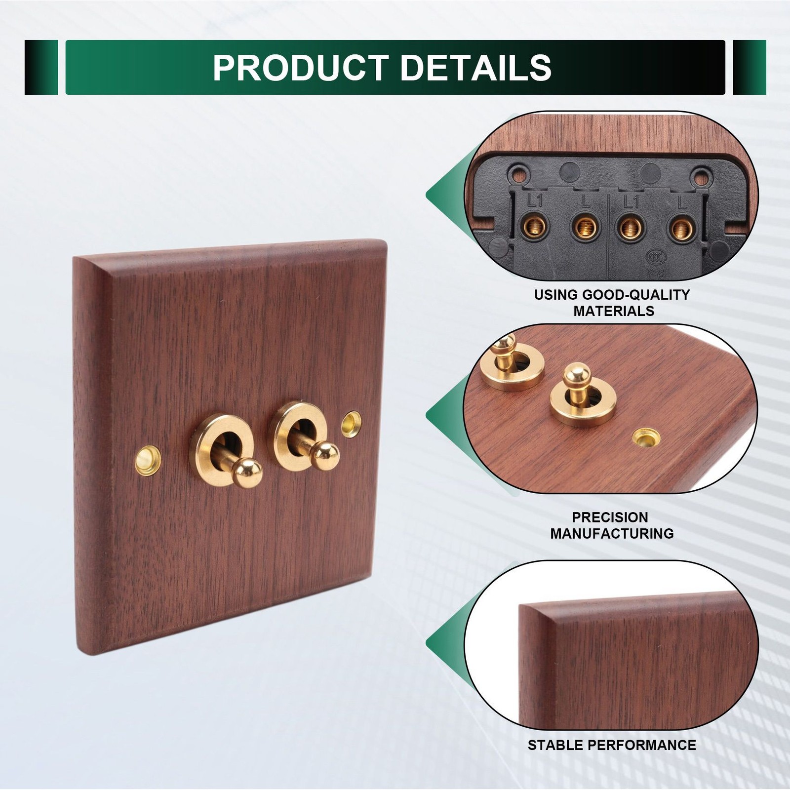 Retro American Industrial Light Socket, Solid Wood Brass Toggle Plate(27731
