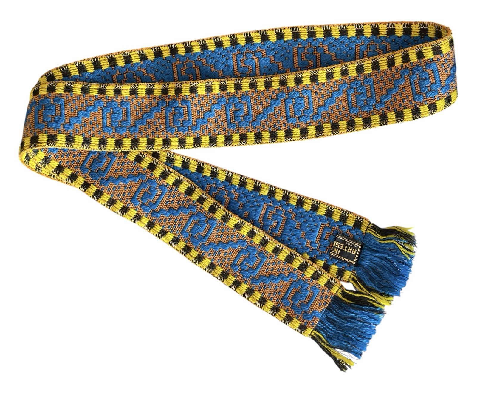 VTG Peruvian Royal Blue and Orange Hand Woven Shaman Chumpi Belt Waist Sash 65"