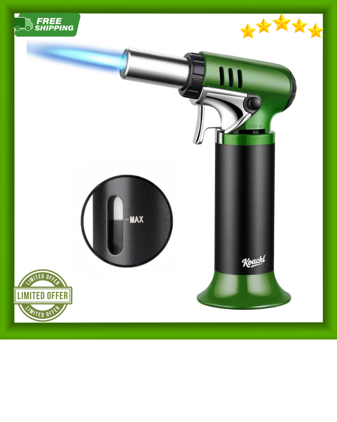 Refillable Butane Torch Adjustable Flame with Safety Lock Fuel Gauge One-Handed