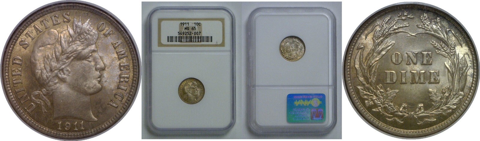 1911 Barber Dime NGC MS-65