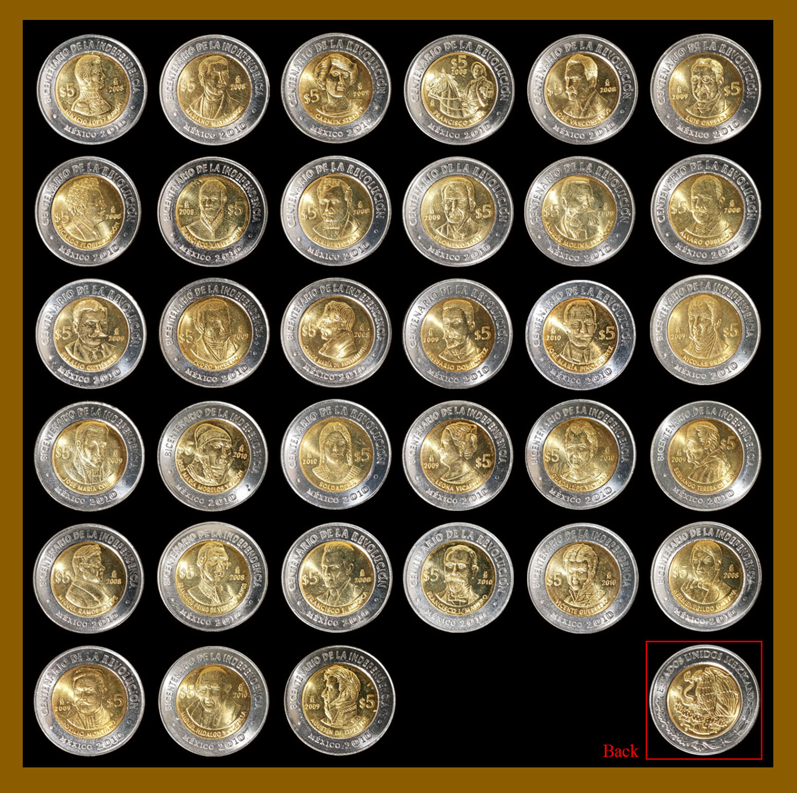 Mexico 5 Pesos (33 Pcs Coin Set), 2008-2010 Bicentenary Independence Bimetalic