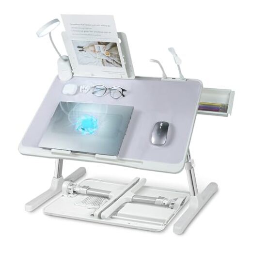 Laptop Lap Desk with Cooling Fan - Adjustable with Light, USB, Grey,56-32cm