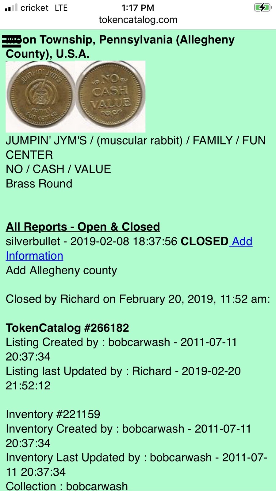 Arcade Token - Jumpin Jym’s - Allegheny County, Pennsylvania