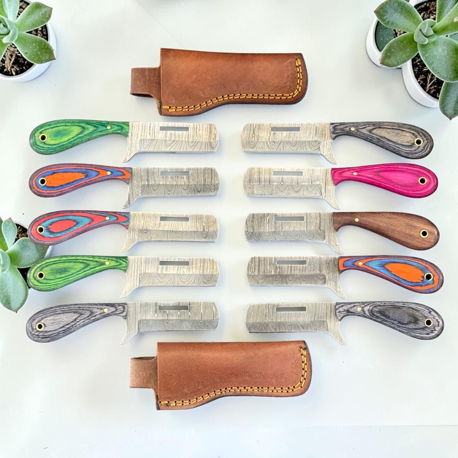 Bull Cutter Knives | Lot of 10 | Damascus Steel | Pakka Wood Handle | D394
