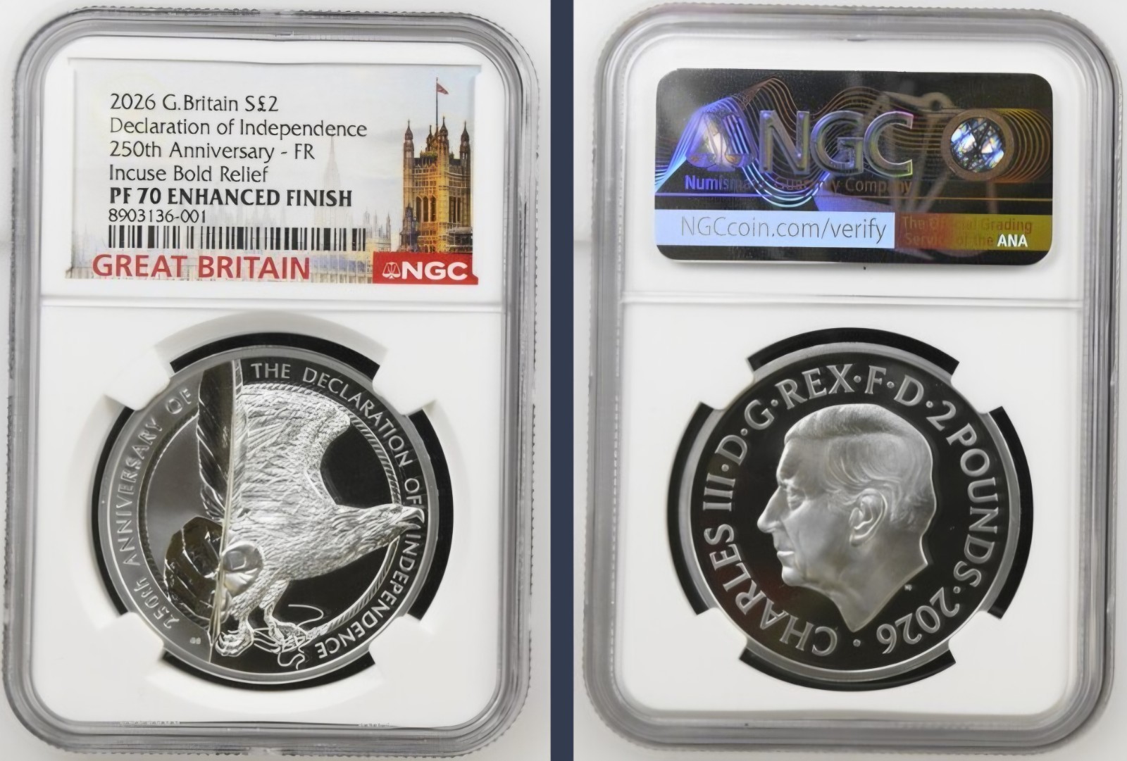 2026 UK S£2 DECLARATION OF INDEPENDENCE INCUSE BOLD RELIEF PF70 FR ENHANCED