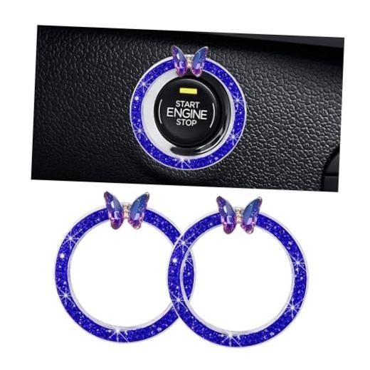 2 PCS Bling Car Engine Start Stop Decoration Rings, Crystal Dark Blue