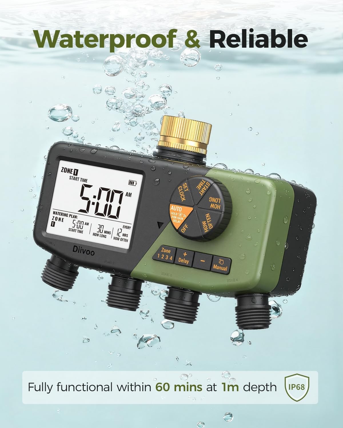 4 Zone Sprinkler Timer with Large Display Digital Control Rain Delay for Garden