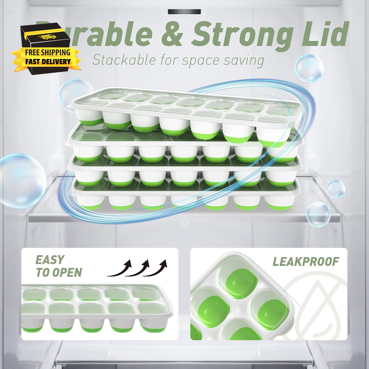 Ice Cube Tray with Lid, 2 Packs 28 Cubes Durable Stackable Ice Cube Trays for Fr
