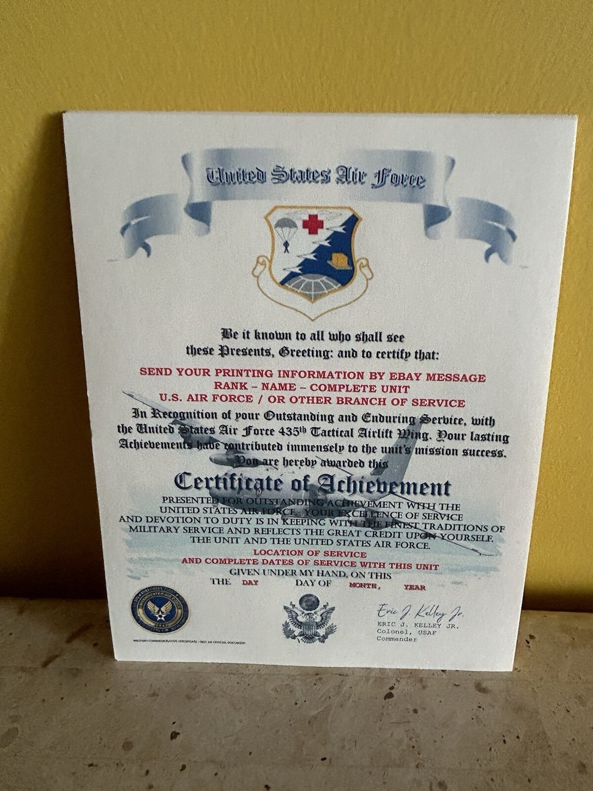 U.S.A.F. / AIR FORCE 435TH TACTICAL AIRLIFT WING - CERTIFICATE OF ACHIEVEMENT