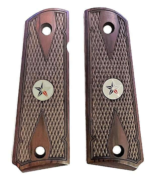 1911 Full Size Grips Double Diamond Checkered Rosewood Texas Star Medallion