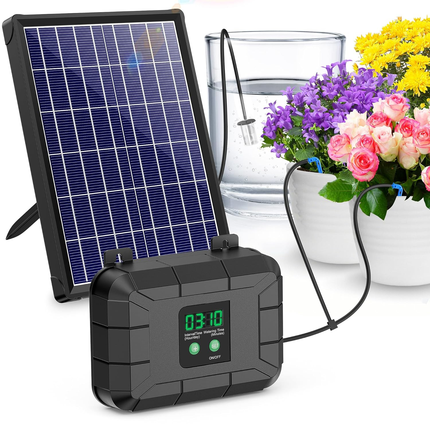 Automatic Drip Irrigation Kit, 8W Solar Irrigation System with Battery for Garde