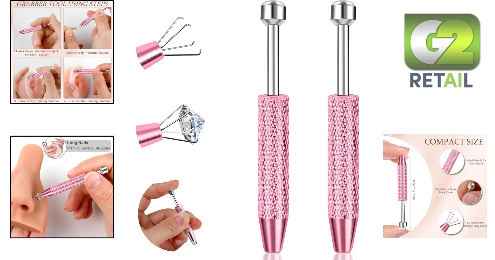 2 Pcs Pink Stainless Steel Piercing Ball Grabber Tool Set for Effortless Changes