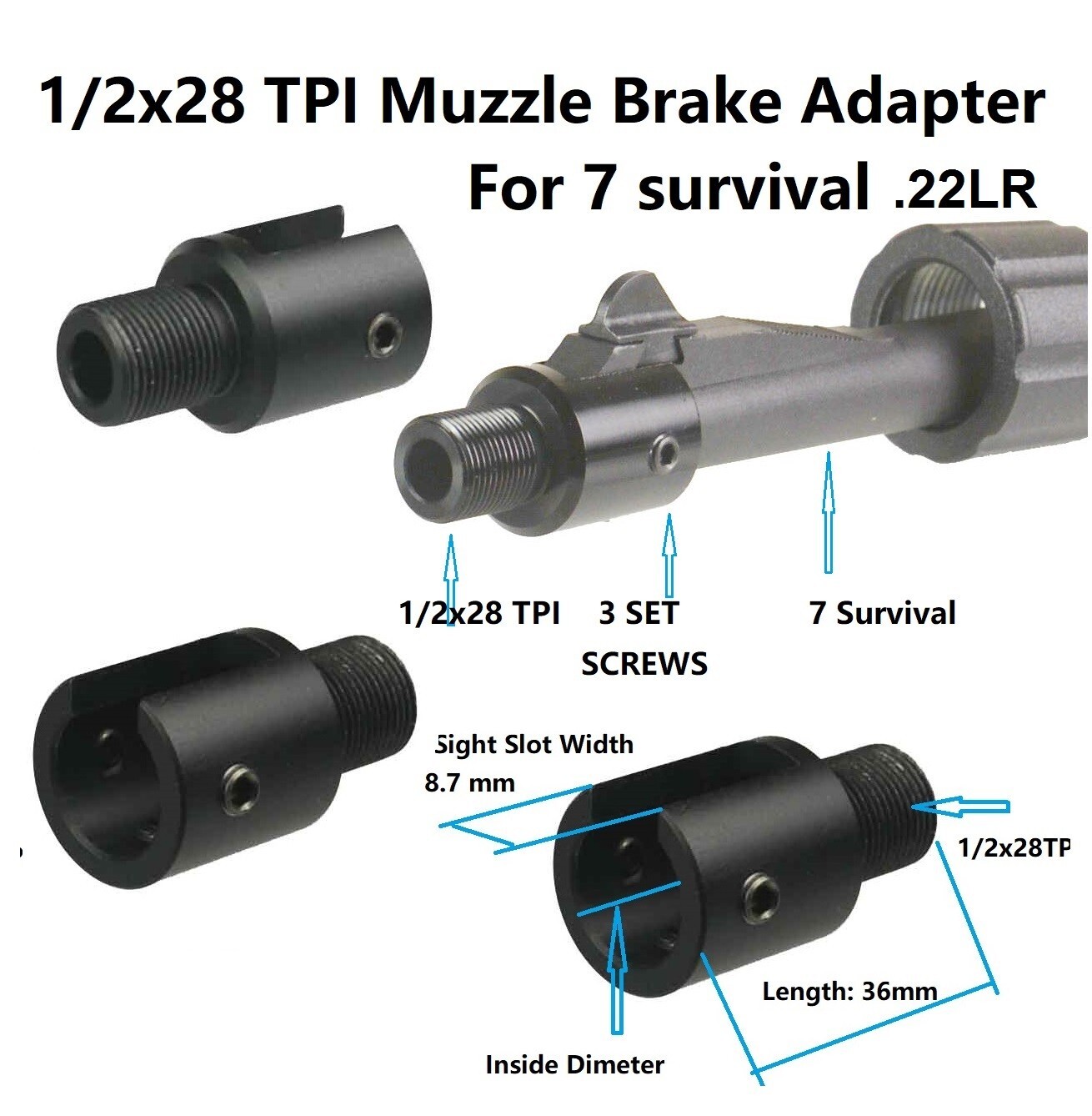 Aluminum Black 1/2“x28 1/2-28 TPI  Survival 7 .22LR Muzzle Brake Adapter