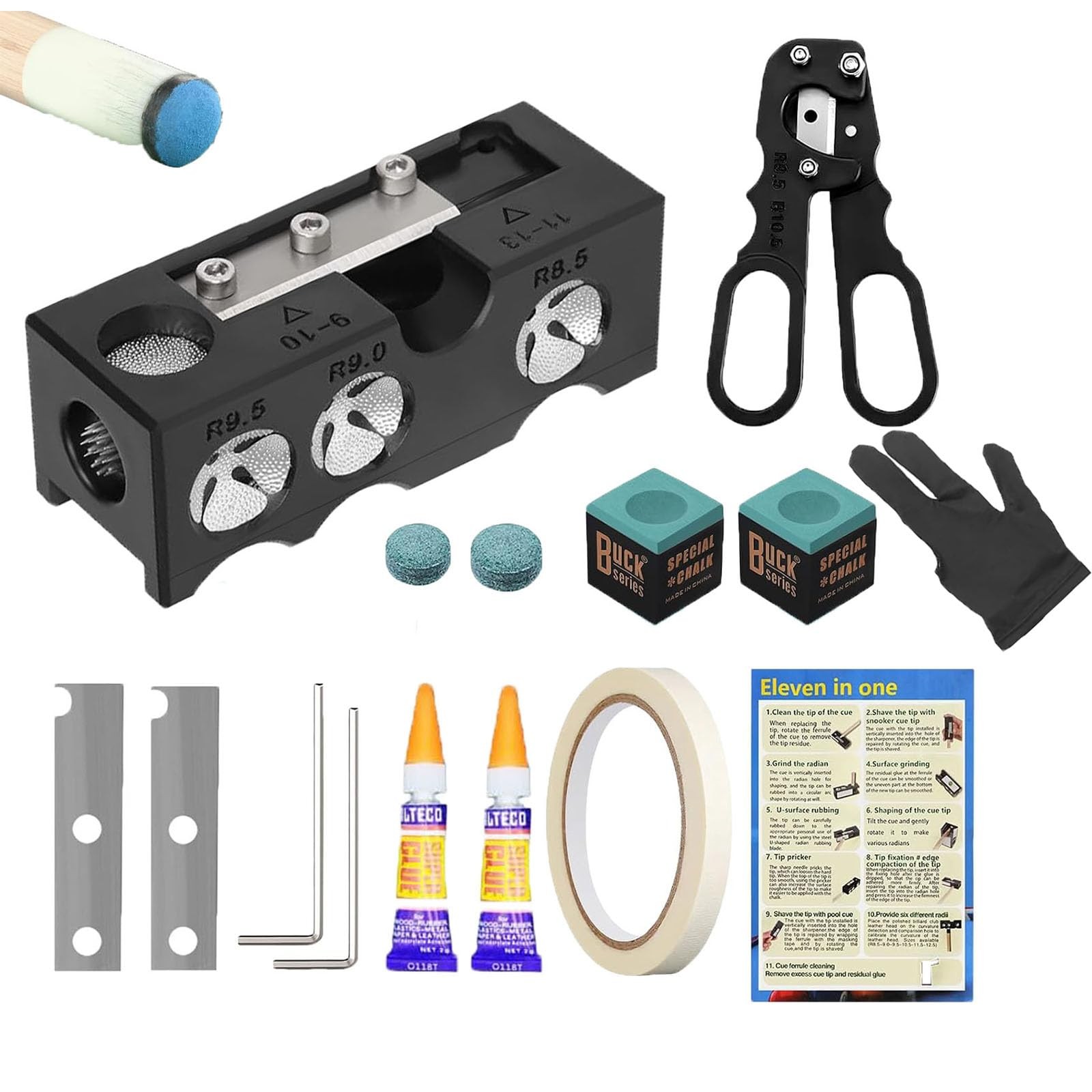 11-in-1 Pool Cue Tip Shaper 14pcs Pool Cue Tips and Repair Kit Pool Table Acc...