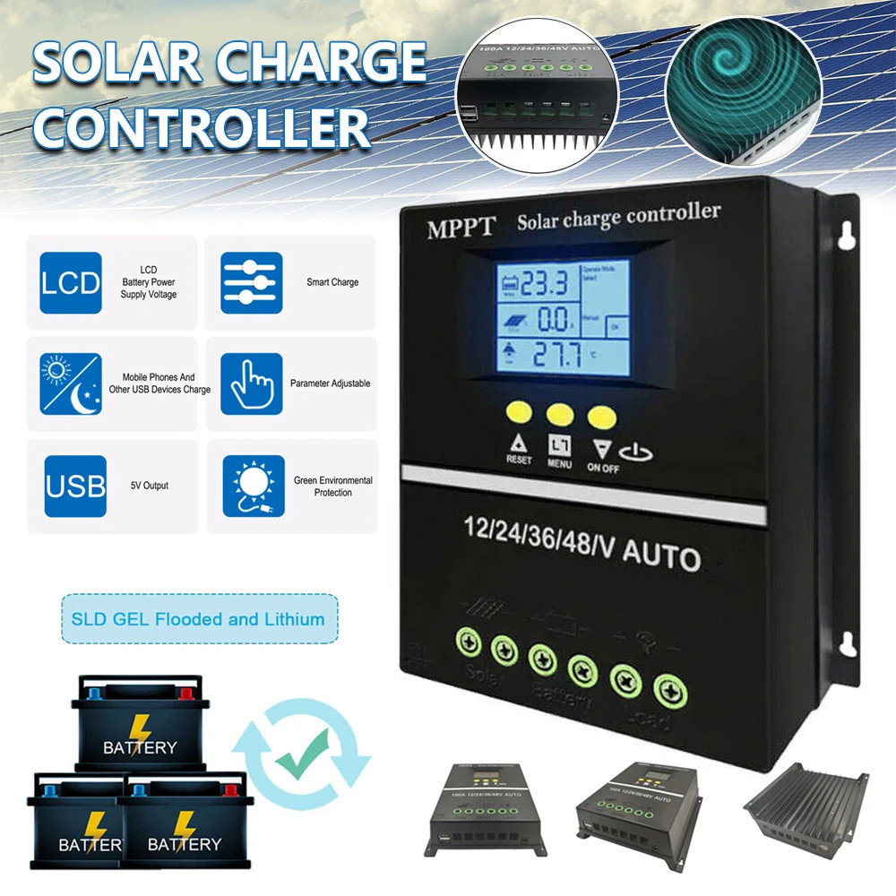 2pcs 100A MPPT Solar Charge Controller Tools 12V/24V/36V/48V LCD Dual USB