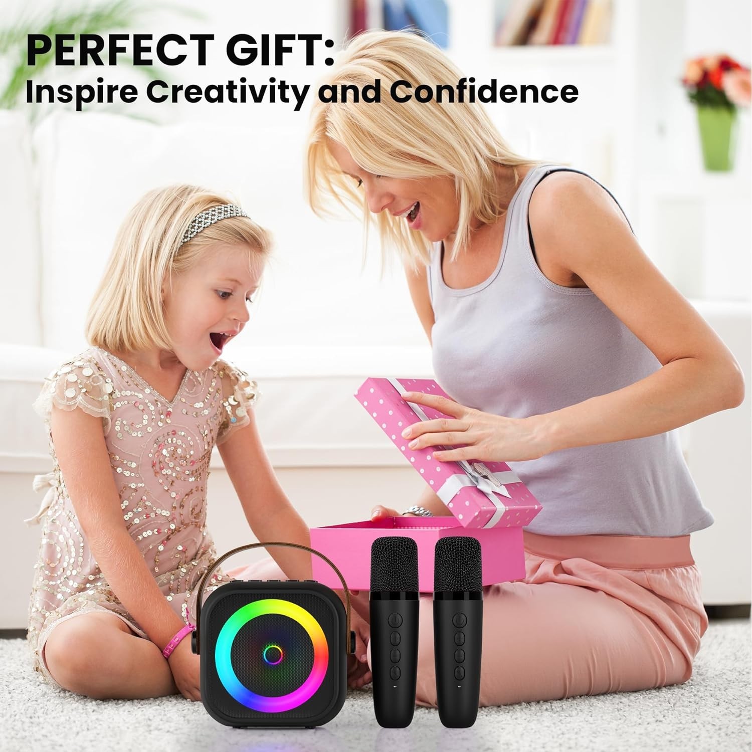 Mini Karaoke Machine, Portable Bluetooth Karaoke Speaker with 2 Wireless Micr...