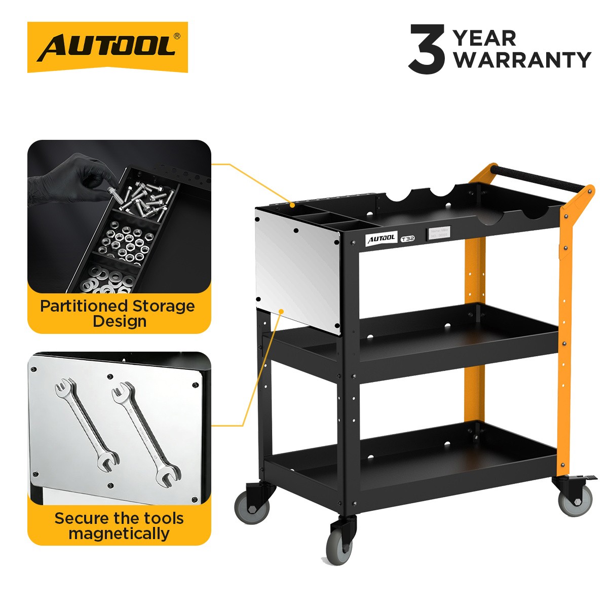 AUTOOL Rolling Tool Cart Utility Mechanic Garage 3 Shelf With Magnetic Board