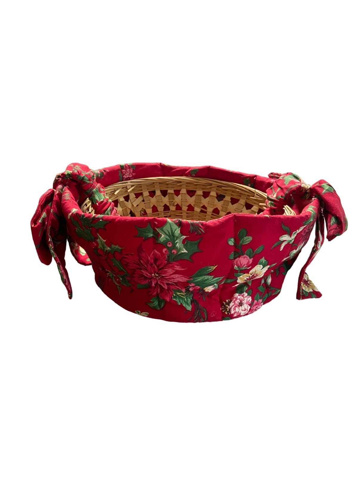 Handmade Wicker Basket Red Poinsettia Fabric Liner Holiday Christmas Floral Deco