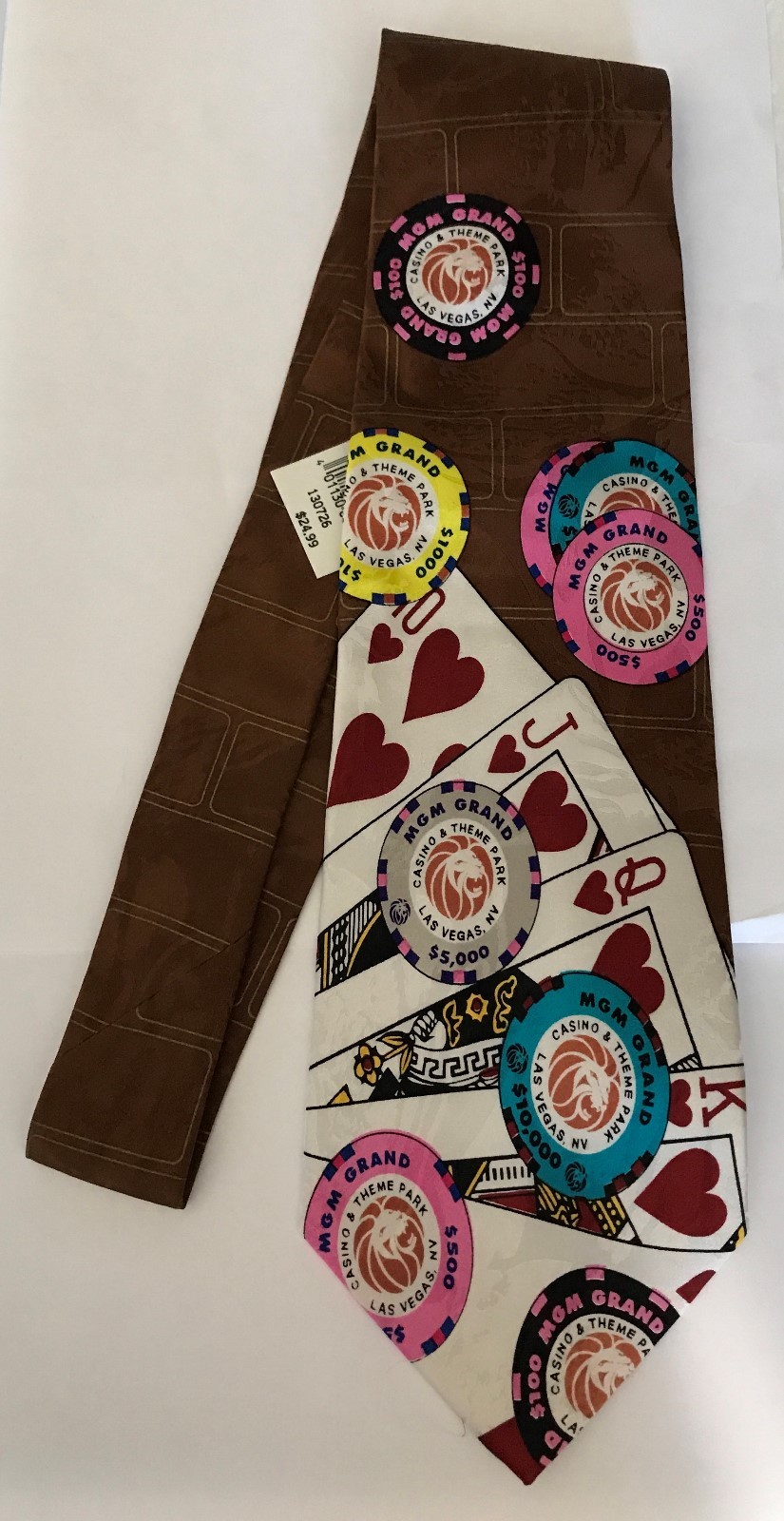 MGM Grand Las Vegas Silk Neck Tie Casino Chip Royal Flush Hearts Poker Brown