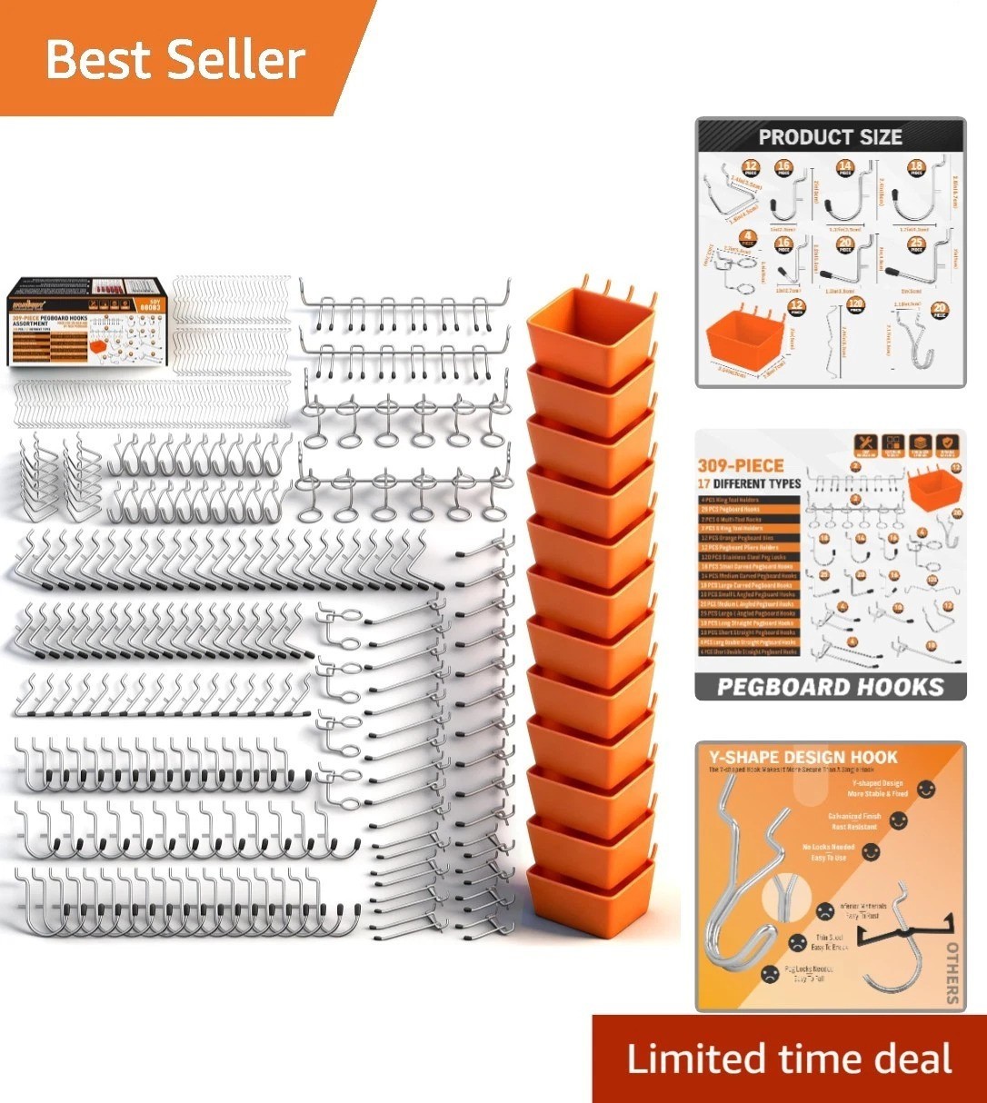Heavy-Duty 309-Piece Pegboard Assortment - Perfect for Garage & Kitchen Storage