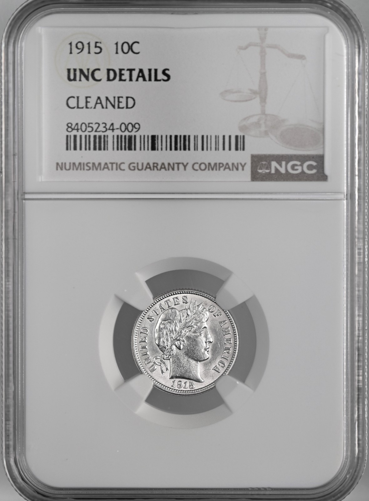 1915-P  10C BARBER SILVER DIME  NGC UNC DETAILS "CLEANED"   #8405234-009