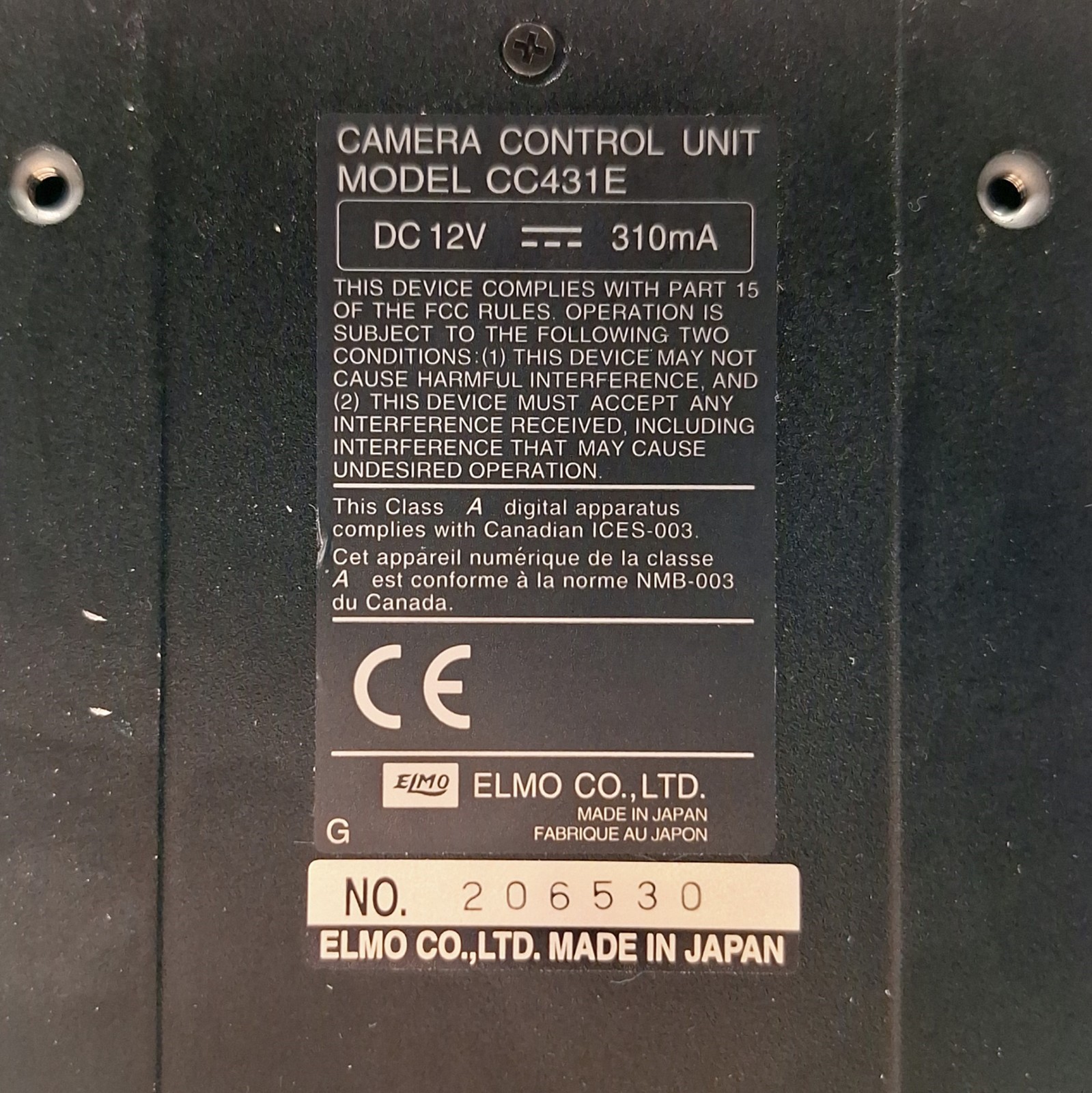 Elmo CC431E Digital Micro Inspection Remote Head Camera Control Unit, 12VDC