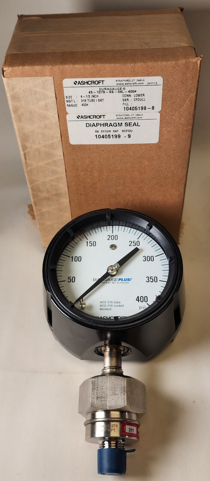 Ashcroft 451279SS04L400 Duragauge Pressure Gauge 4.5" Dia 0-400 Diaphragm Seal