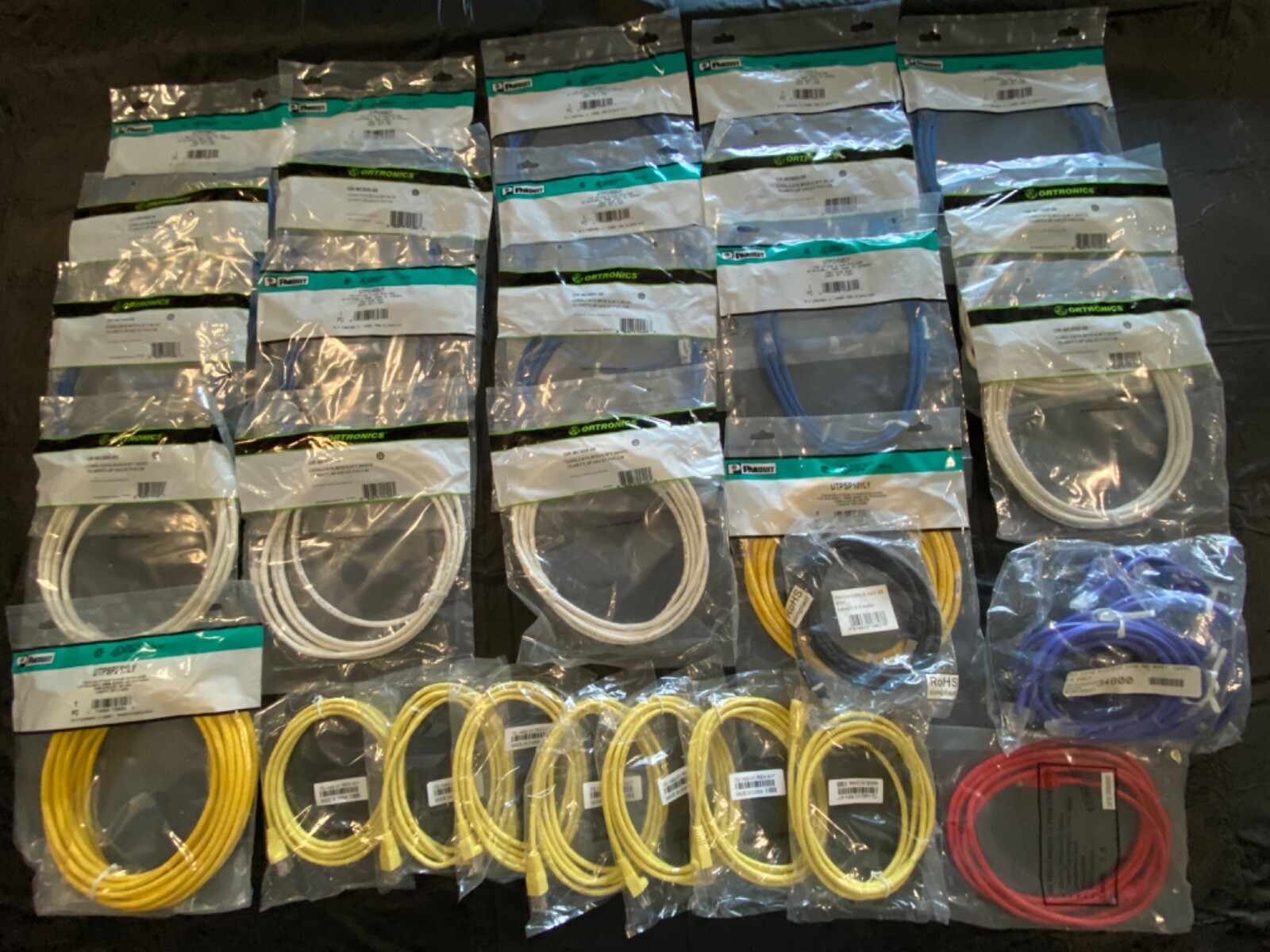 ASSORTED PATCH CORDS, RJ45-RJ45, NEW, UNUSED, GROUPING OF 39, VARIOUS LENGTHS