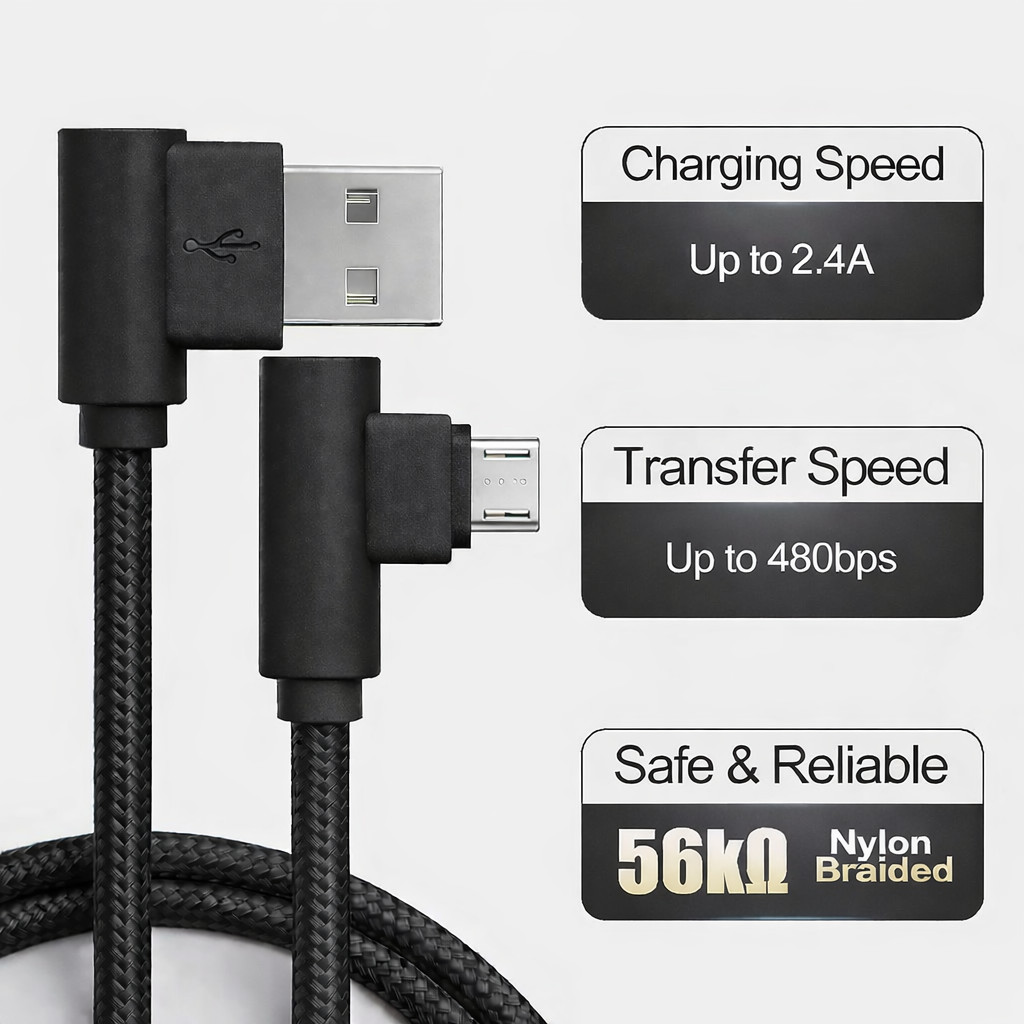 3 Pack 10ft 90 Right Degree Angle Fast Charge Micro USB Cable Power Cord Sync L