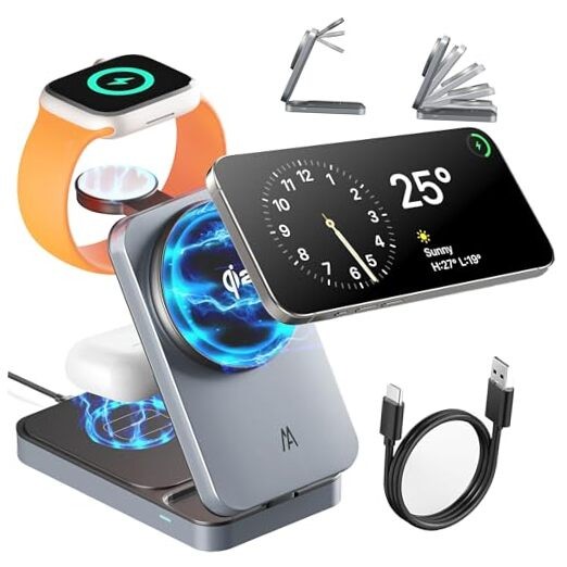 3 in 1 Charging Station, Magsafe Qi2 Wireless Charger Stand, Foldable Wireless