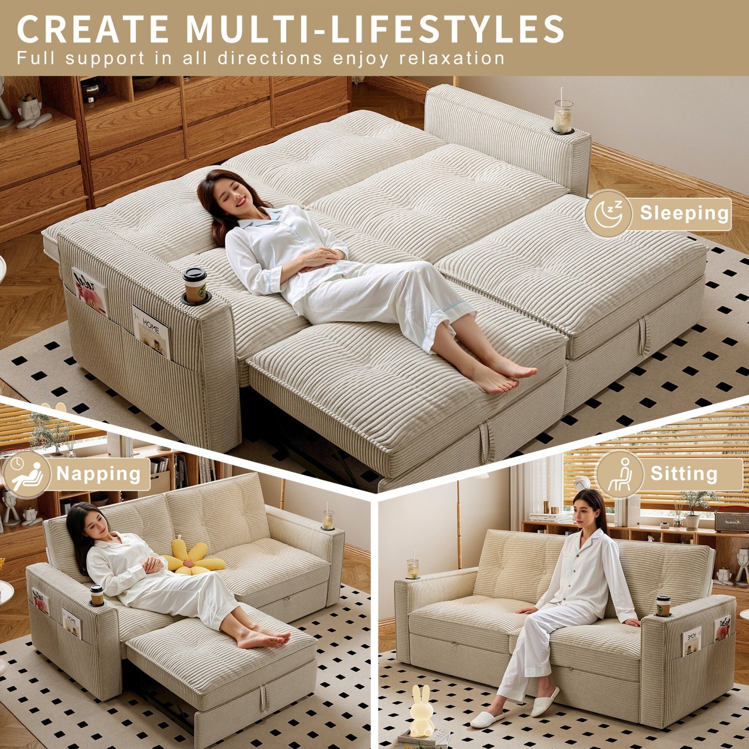 Modern Reclining Loveseat 2-in-1 Folding Sofa Bed w/ Cup Holders for Small Space