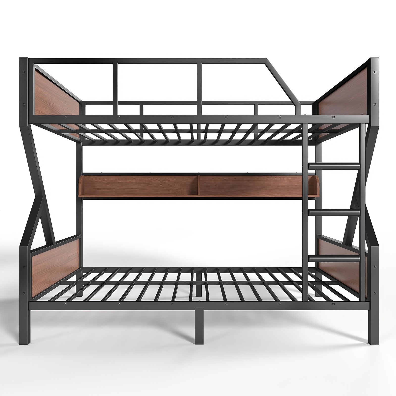 Metal Full over Full Bunk Bed with Storage Shelves Lights Space-saving Black New