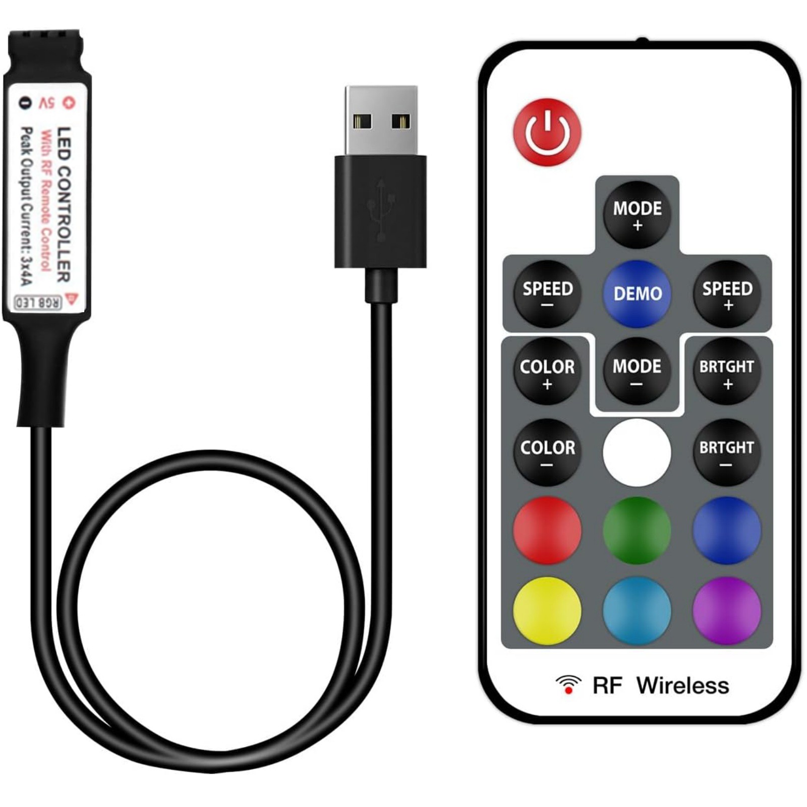 RGB Led Light Strip Controller 17-Key RF Wireless Remote DC5V USB Connector