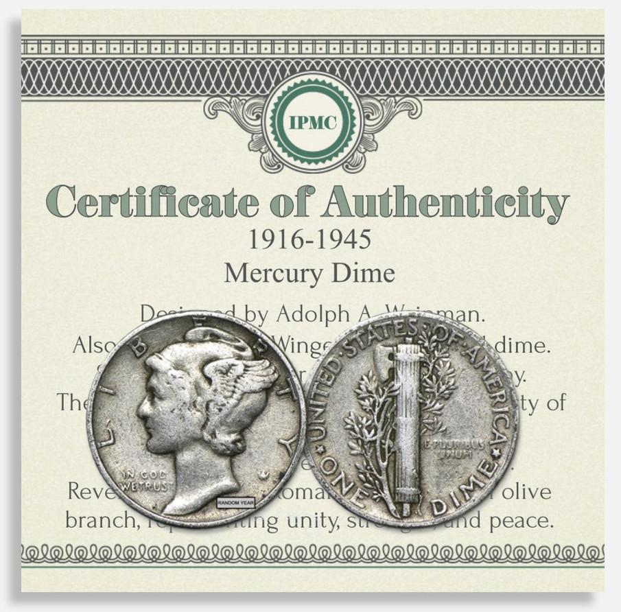 1916-1945 Mercury Dime w COA USA Minted Collector's Silver Coin 100% Authentic