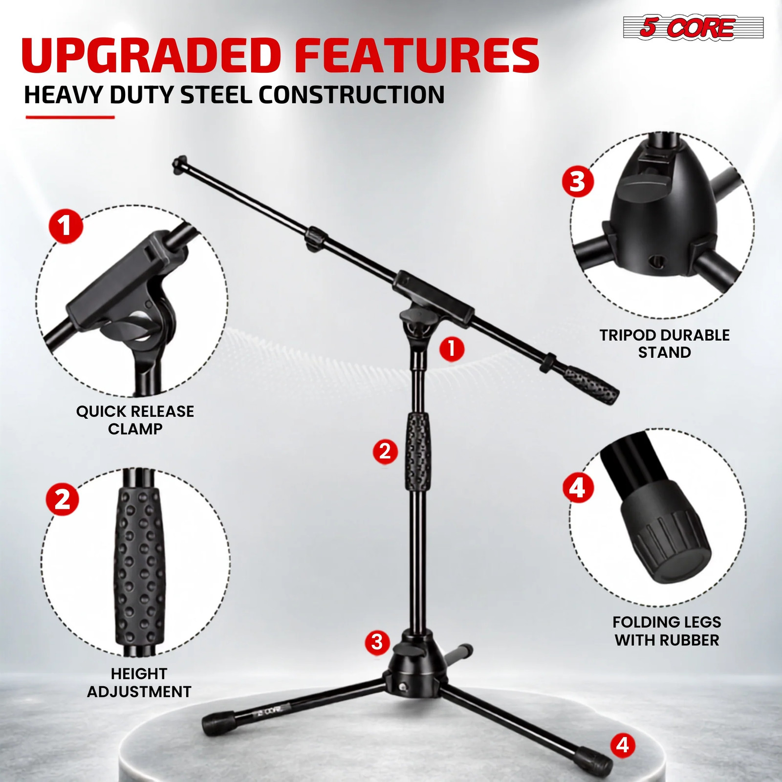5 Core Microphone Stand Floor Adjustable Height Extendable Telescopic Boom Arm