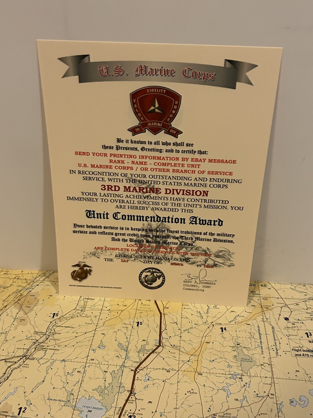 U.S.M.C. / 3RD MARINE DIVISION ~ UNIT COMMENDATION AWARD / CERTIFICATE