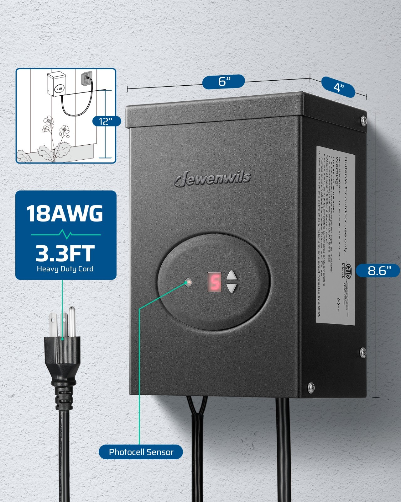DEWENWILS 200WLow Voltage Landscape Transformer, W/ Timer and Photocell Sensor