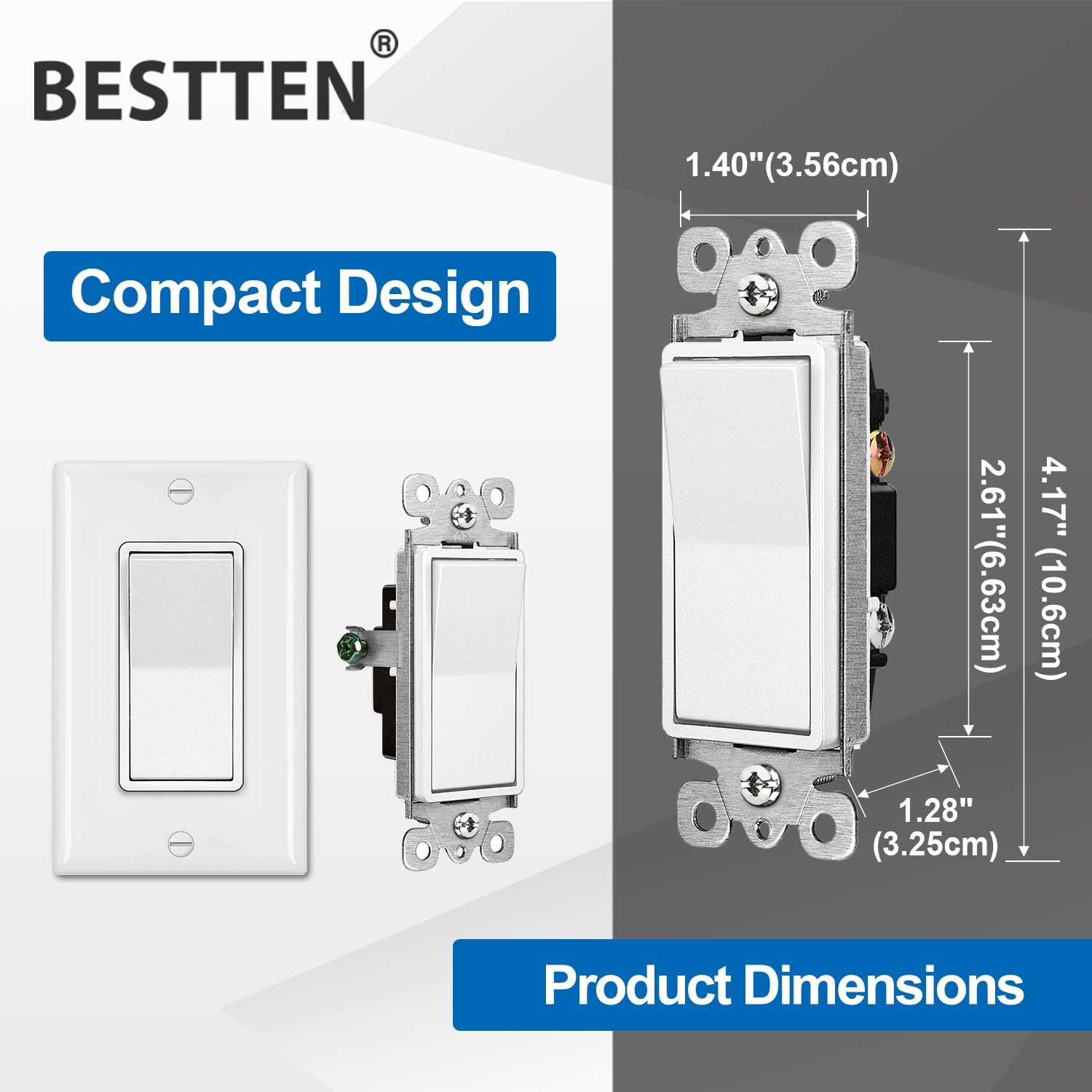50 Pack BESTTEN Single Pole Decorator Wall Light Switch with Wallplate, 15A