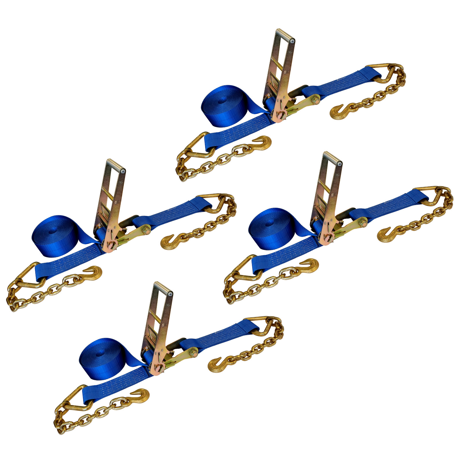 4 Pack USA 3" x 30' Ratchet Strap W/ Chain Extension Flatbed Truck Tie Down Blue
