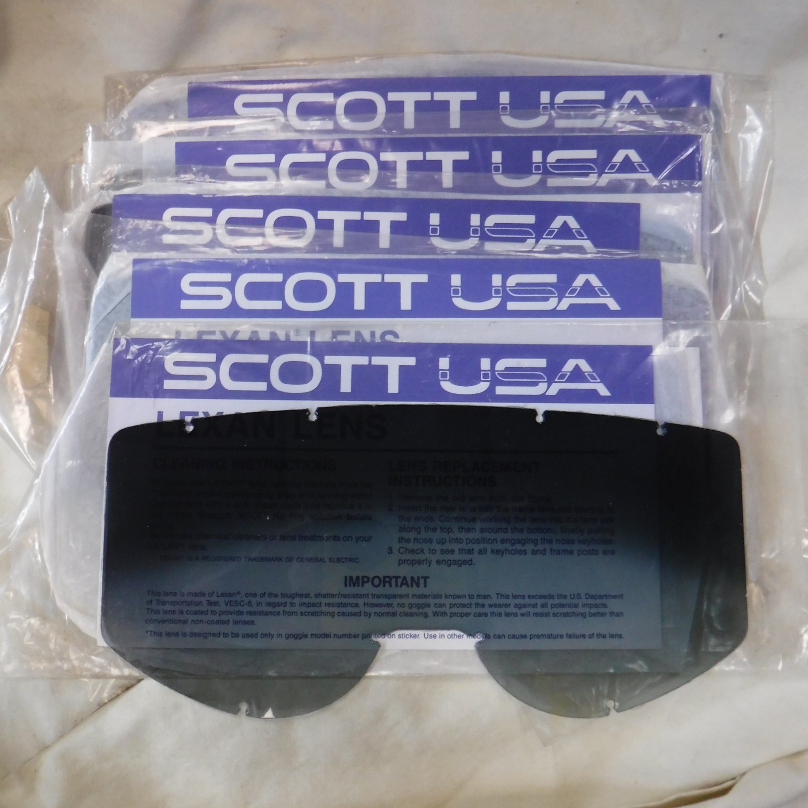 New Genuine SCOTT  109  199  Smoke Tint Lexan Replacement Goggle Lens Pack of 5