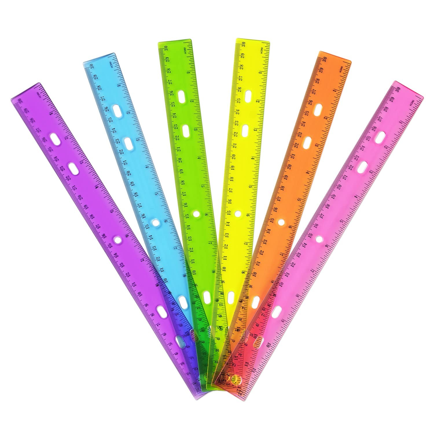 6 Pack 12 Inch Color Transparent Rulers, Plastic, Inches, Metric, Kids, Bulk