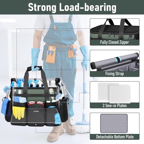 Cleaning Caddy with Wheels, Extra Large Rolling Cleaning Caddy Bag Black Green