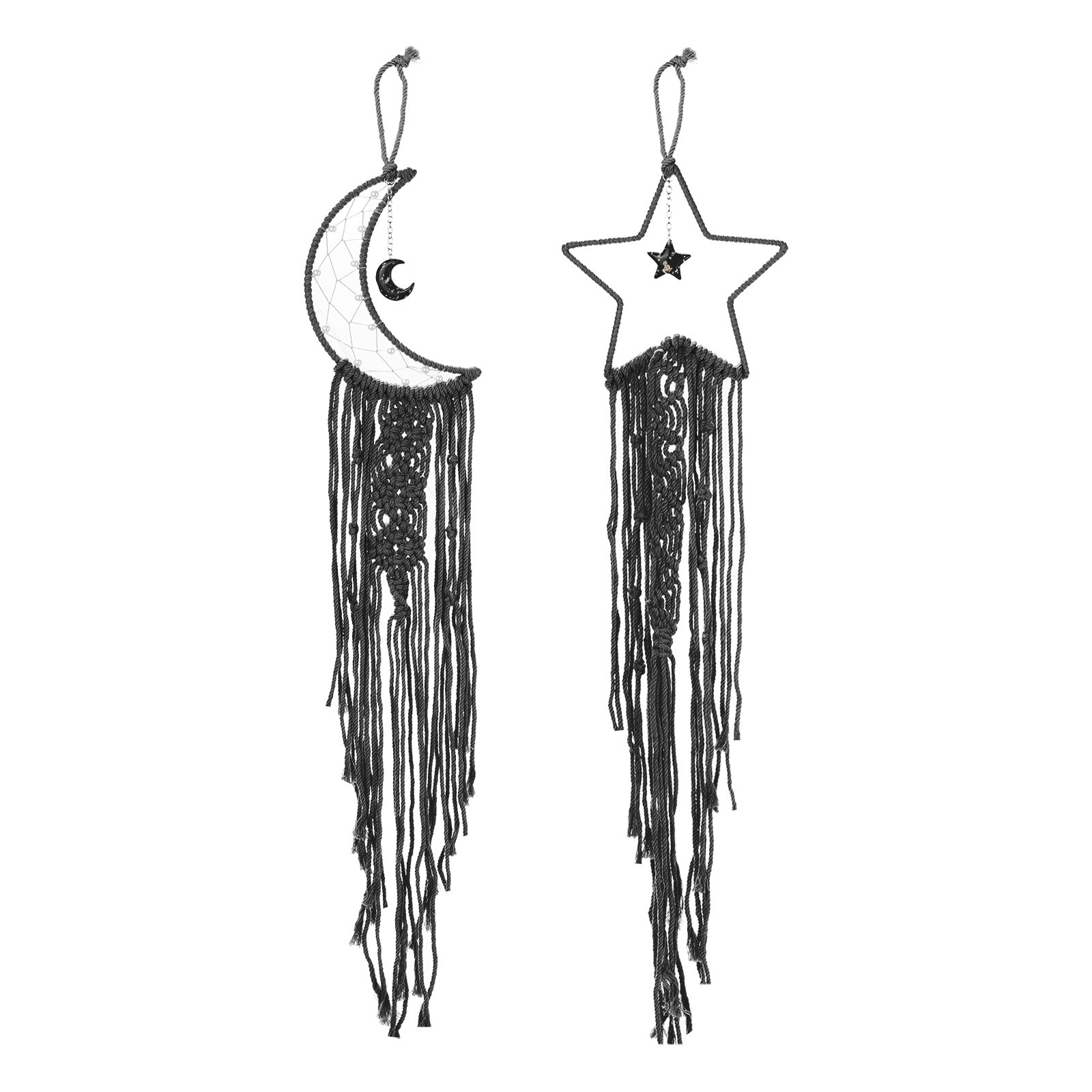 2 Pcs Star Moon Dreamcatcher Handmade, Macrame Wall Hanging for Women (Black)