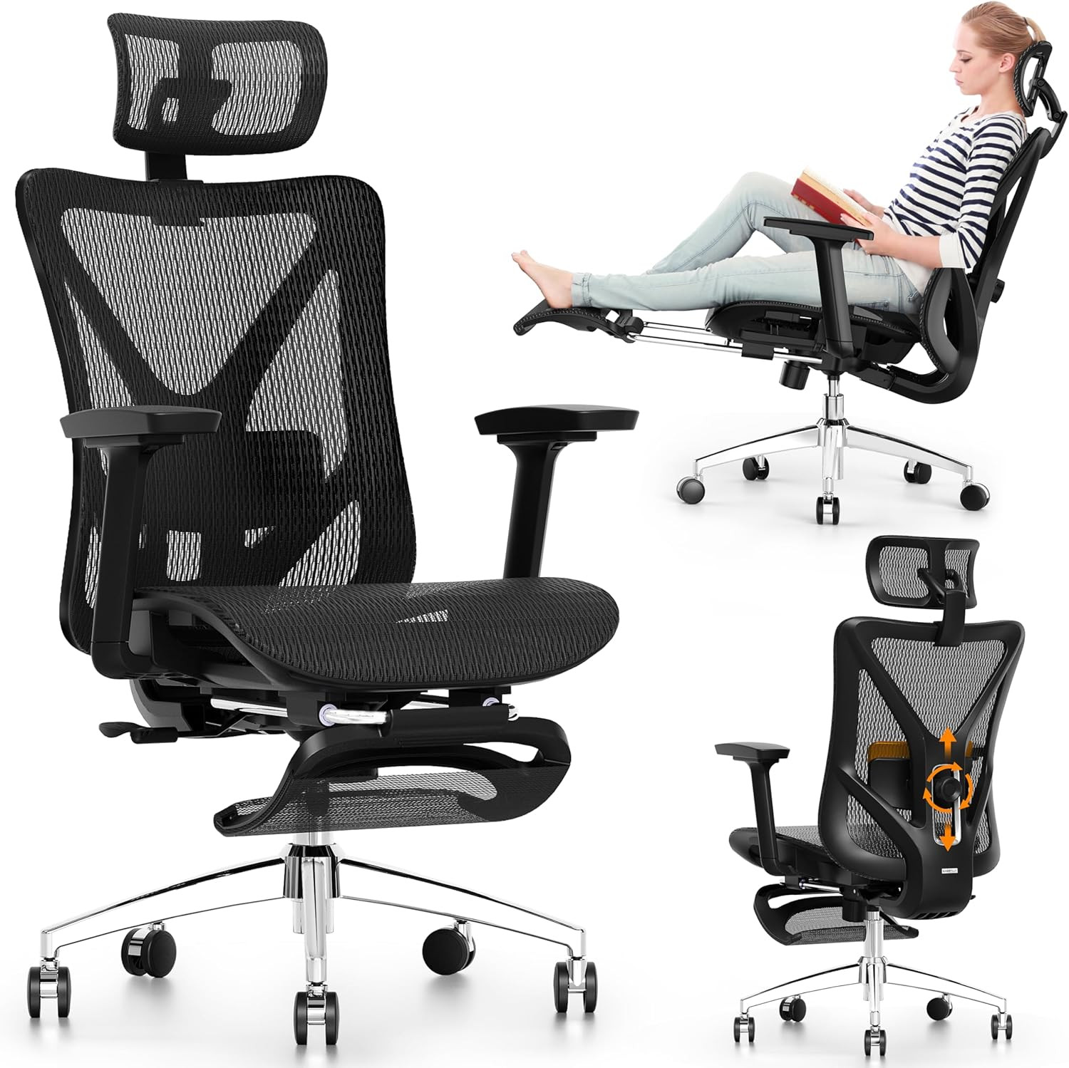 GABRYLLY Ergonomic Office Chair with Footrest, 135° Reclining Desk Chair with Ad