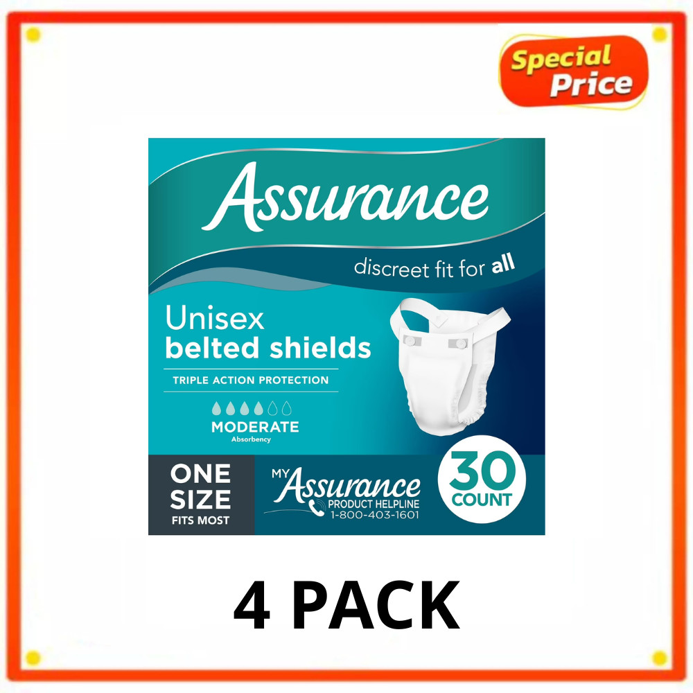 Assurance Unisex Incontinence Belted Shields Moderate Absorbency 30 Ct (4 Pack)
