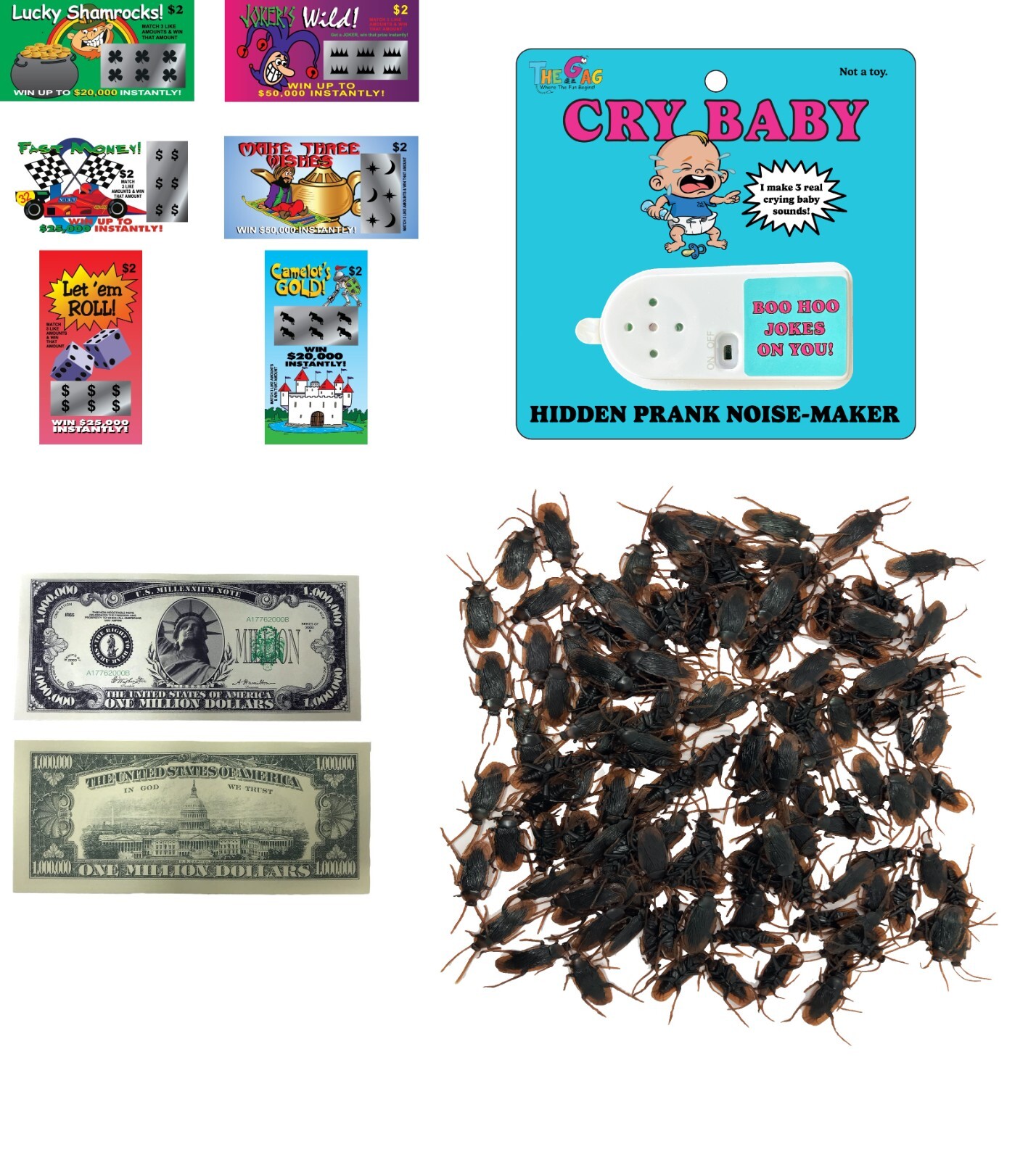 April Fools Day ANNOYATRON Cry Baby -Plus 25 MDB-20 LOTTO-20 ROACHES Pranks Gags